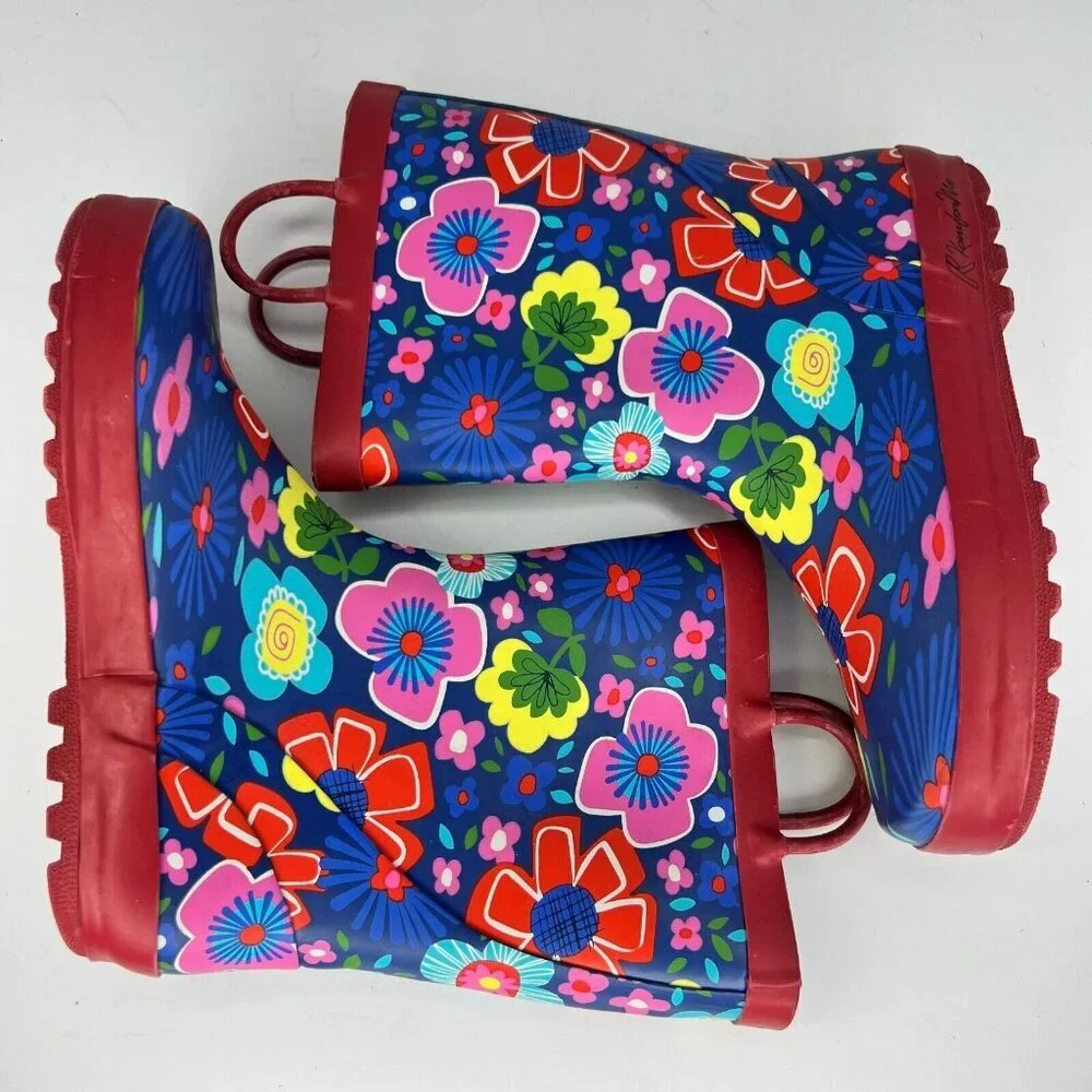 KomforMe Girls Multicolor Floral Rain Boots Mid Top Round Toe Pull On Size 4